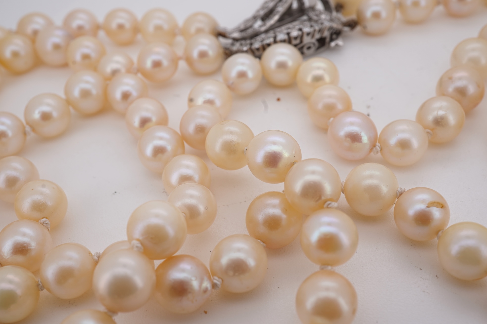A twin strand cultured pearl necklace with a diamond cluster set white metal scroll shaped clasp, 60cm.